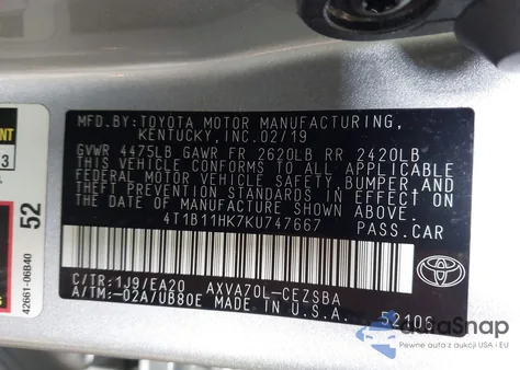 2019 Toyota Camry Se from USA, damaged, VIN 4T1B11HK7KU747667